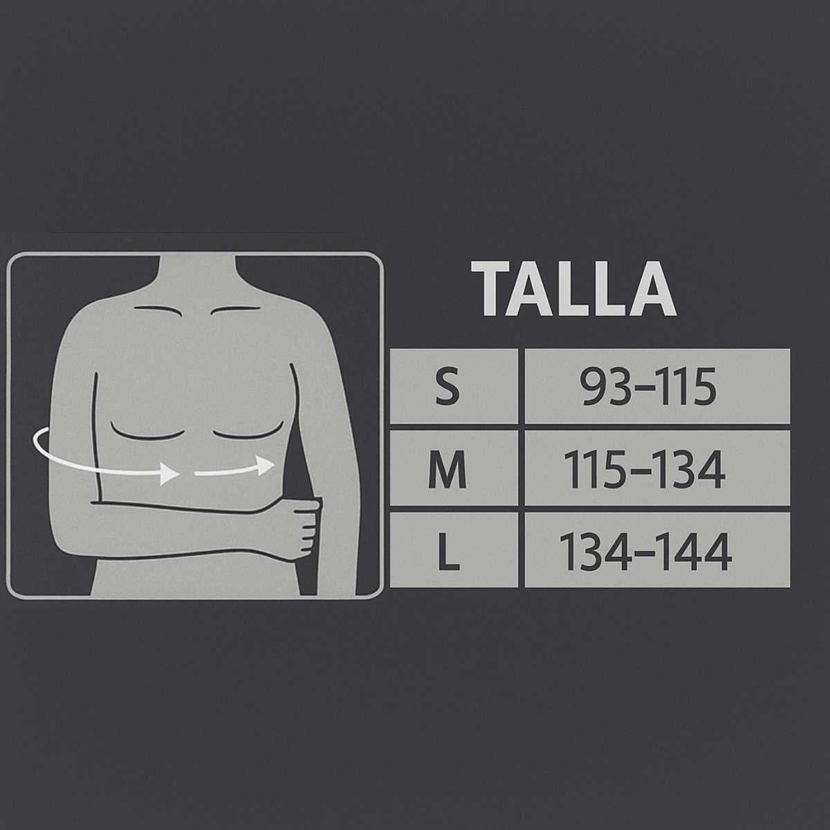 Guía de tallas inmovilizador hombro Blunding medidas S M L Chile contorno tórax