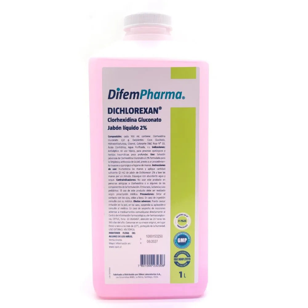 Jabón Dichlorexan 2% líquido 1 litro DifemPharma vista frontal envase desinfectante con clorhexidina