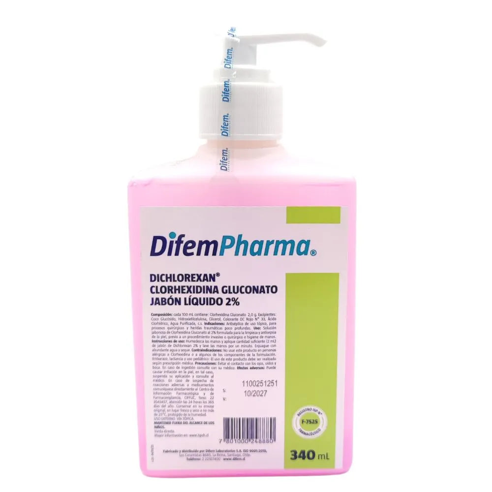 Jabón Dichlorexan 2% líquido 340cc DifemPharma con dispensador, jabón antiséptico con clorhexidina vista frontal