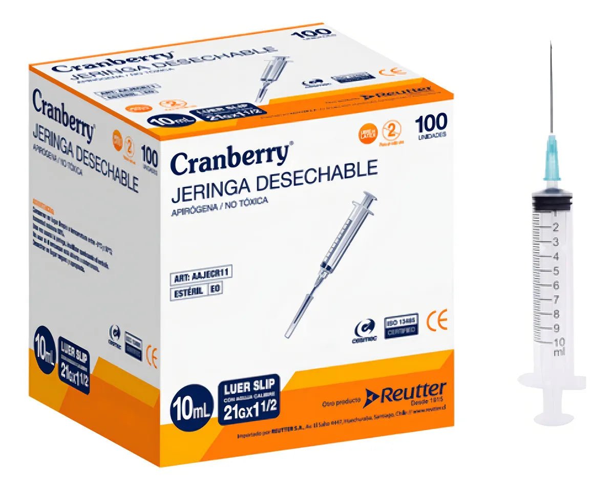 Jeringa 10ml Luer Slip 21G x 1½" Cranberry Punta Bicuda Conexión Rápida Presión Baja Velocidad Flujo Médica Profesional Estéril Caja 100 - tubotiquin.cl