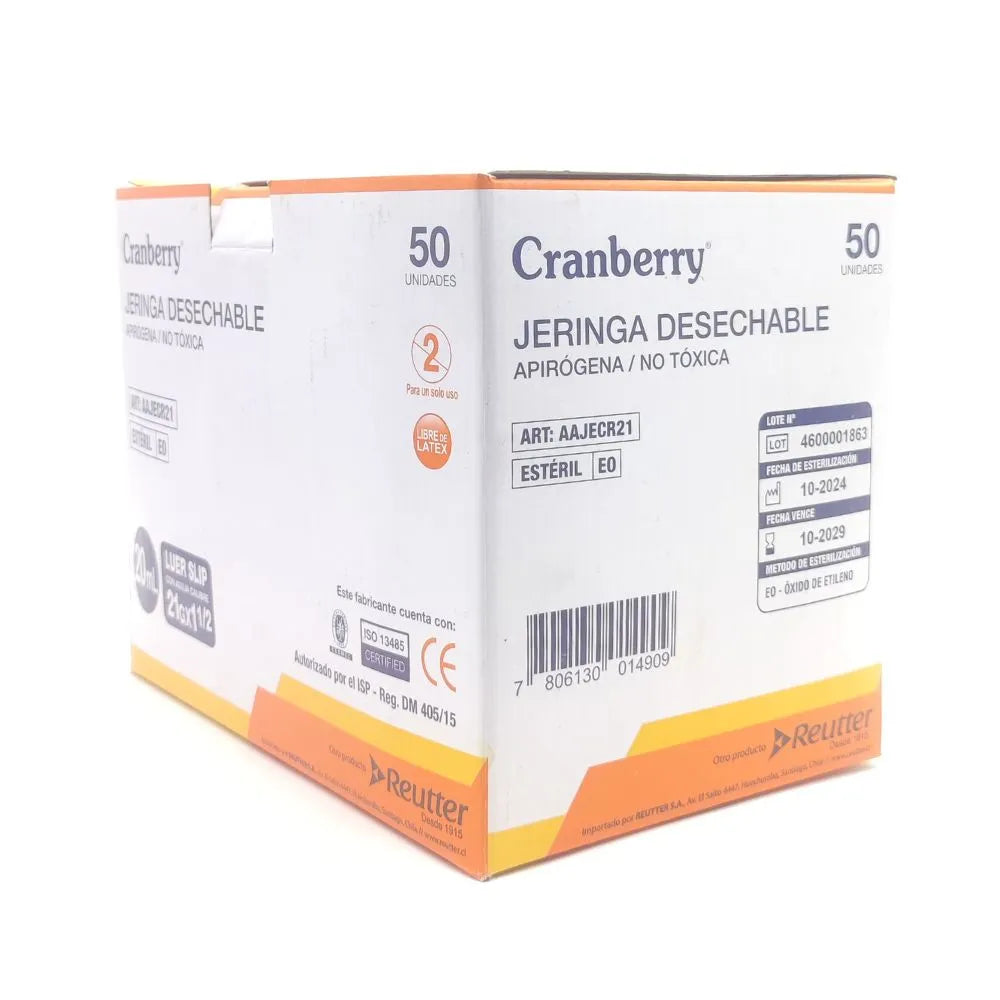 Caja de jeringas 20 ml Luer Slip 21G x 1½ marca Cranberry