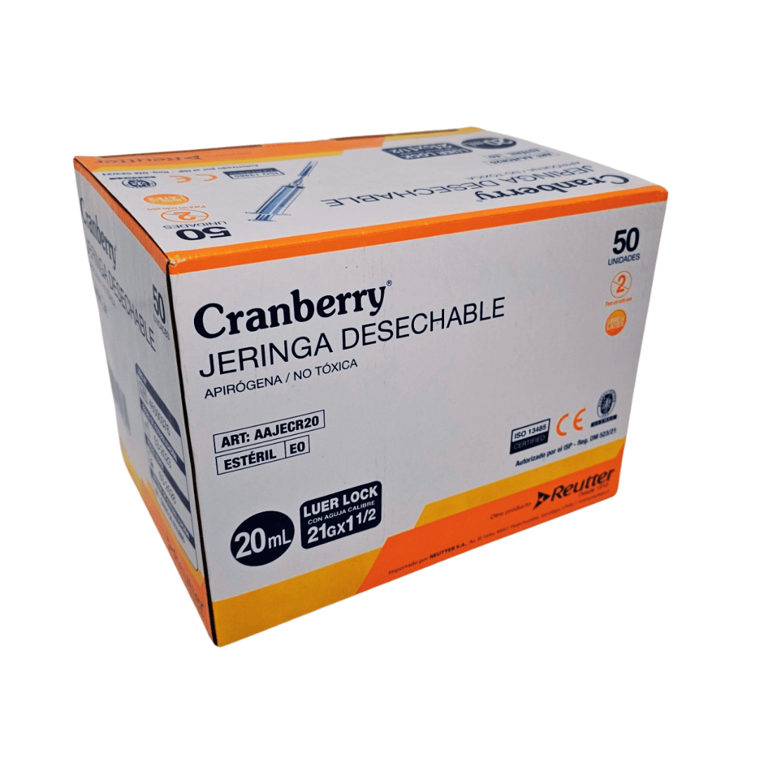Jeringa 20ml Luer Lock 21G x 1½" Cranberry Rosca Segura Conexión Firme Anti - Desconexión Médica Profesional Estéril Caja 50 - tubotiquin.cl