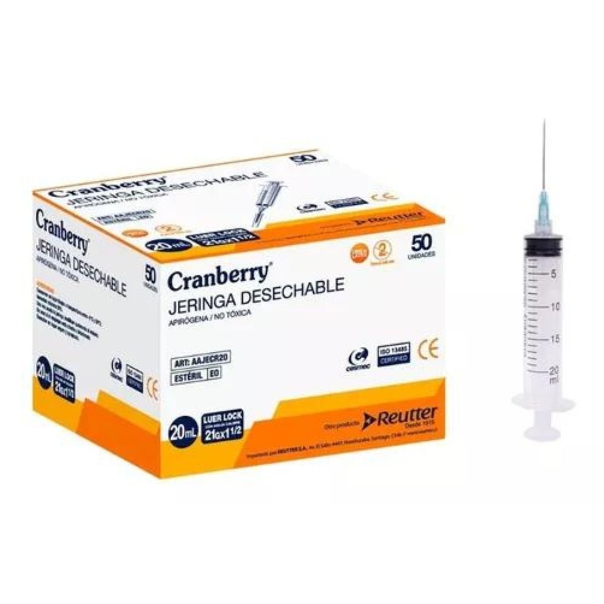 Jeringa 20ml Luer Slip 21G x 1½" Cranberry Punta Bicuda Conexión Rápida Presión Médica Profesional Estéril Caja 50 - tubotiquin.cl