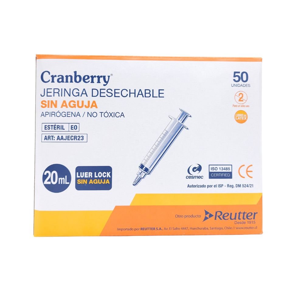Jeringa 20ml Luer Lock Cranberry sin aguja caja 50 unidades estériles ISO 13485 - TuBotiquin