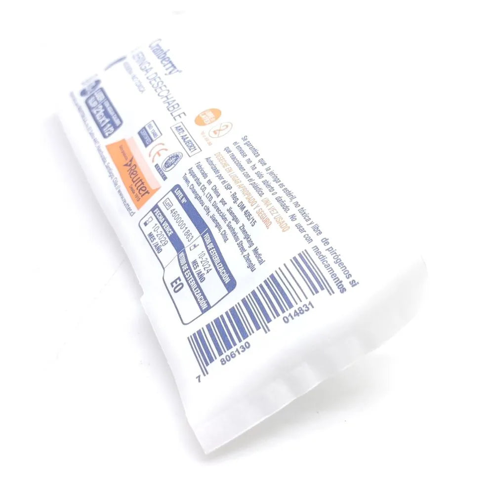 Jeringa 20 ml Luer Slip 21G x 1½ Cranberry en envase individual estéril