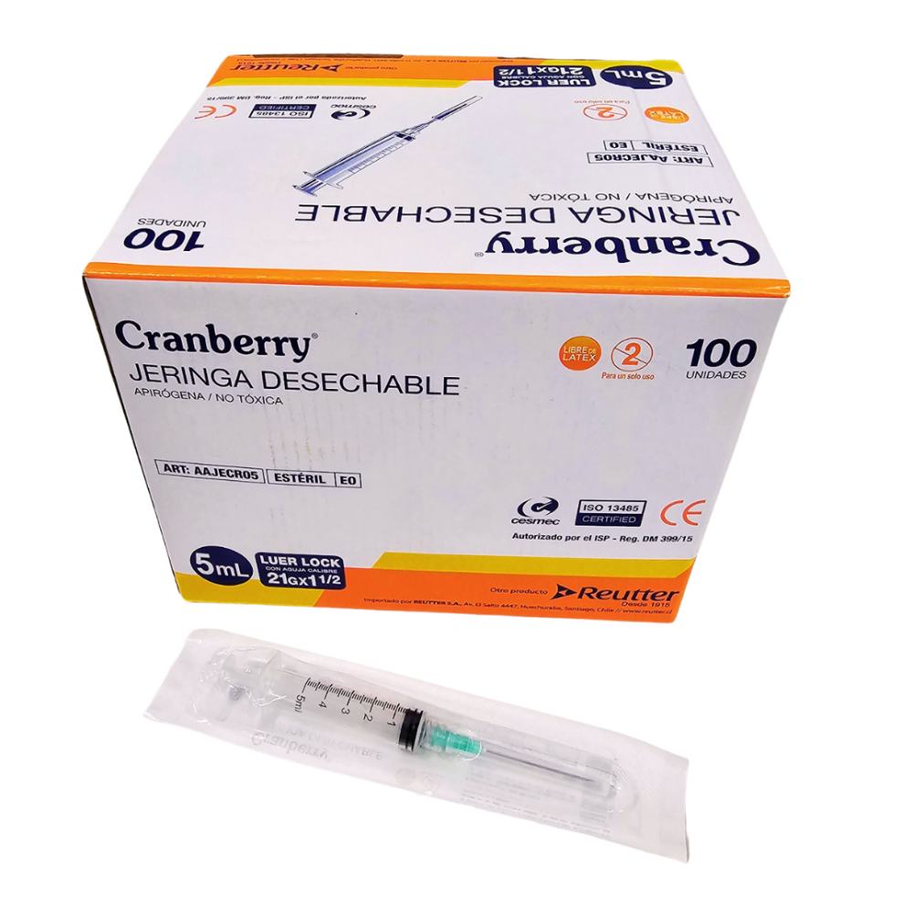 Jeringa 5ml Luer Lock 21G x 1½" Cranberry Rosca Segura Alta Velocidad Flujo Conexión Firme Médica Profesional Estéril Caja 100 - tubotiquin.cl