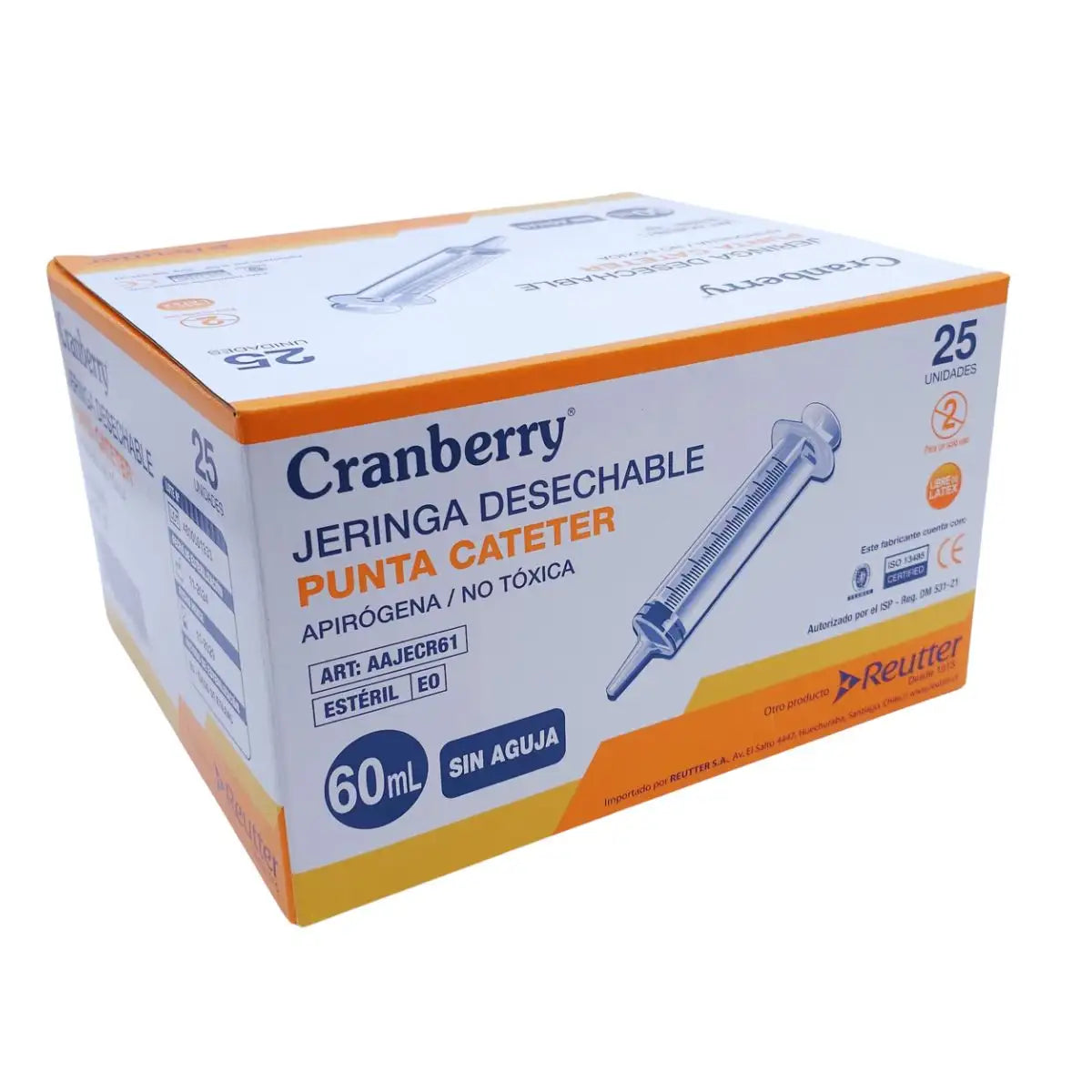 Especificaciones jeringa punta catéter 60ml Cranberry — 19 cm, 34 gr, registro ISP DM 398/15