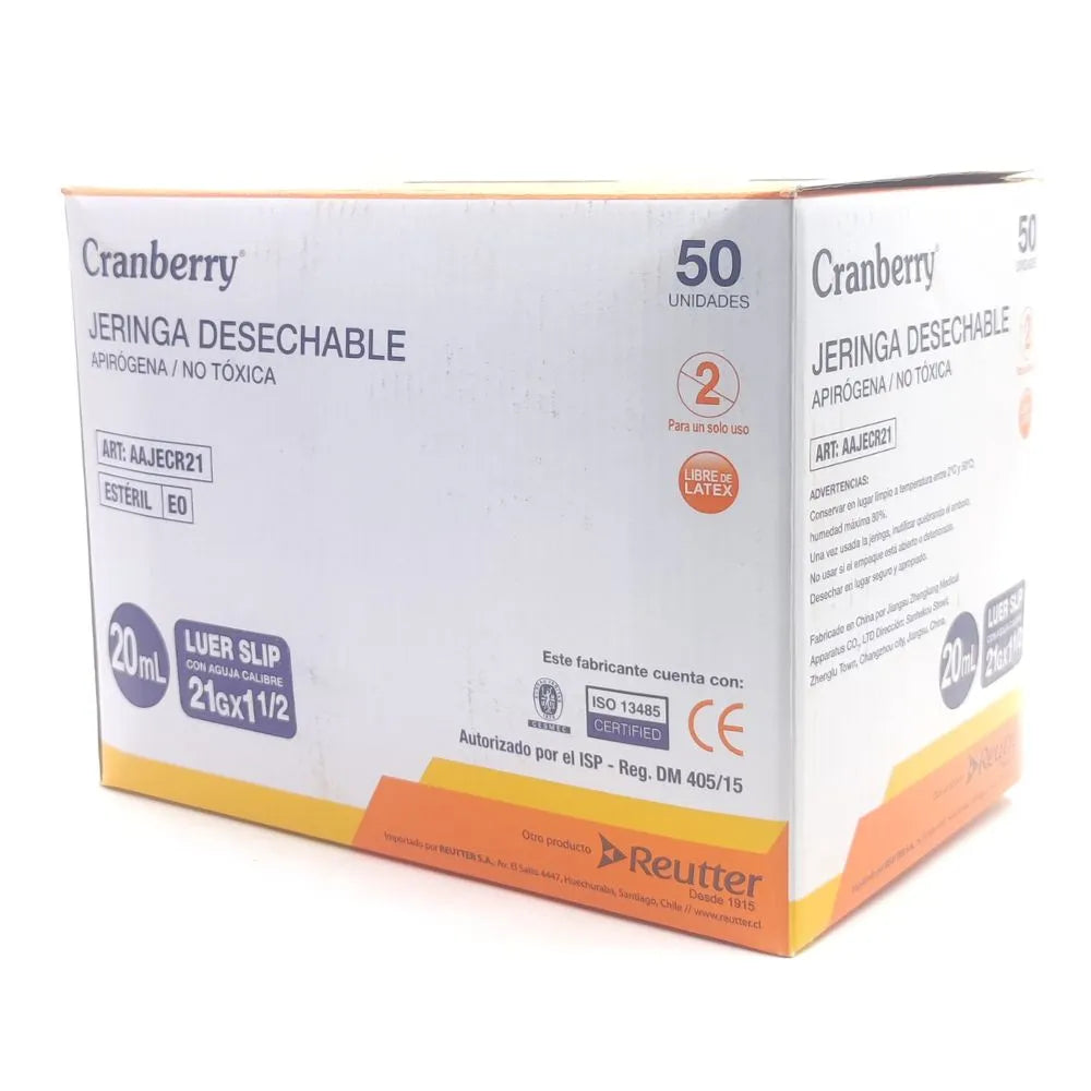 Jeringa Cranberry 20 ml 21G Luer Slip presentación caja 50 unidades