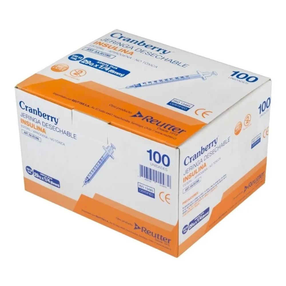 Jeringa Insulina 1ml 100UI 29G x 6mm Aguja Corta Cranberry Diabetes Menos Dolor Inyección Subcutánea Estéril Caja 50 - tubotiquin.cl