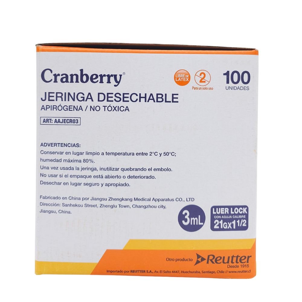 Jeringa Luer Lock 3ml especificaciones técnicas ISO 13485 estéril - Cranberry