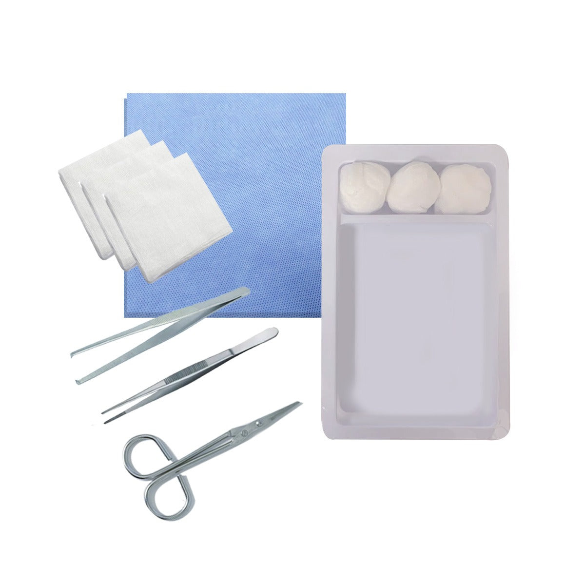 Contenido del kit de curación estéril desechable Cranberry: pinzas metálicas, tijera quirúrgica, gasas, tórulas, campo estéril y bandeja plástica.