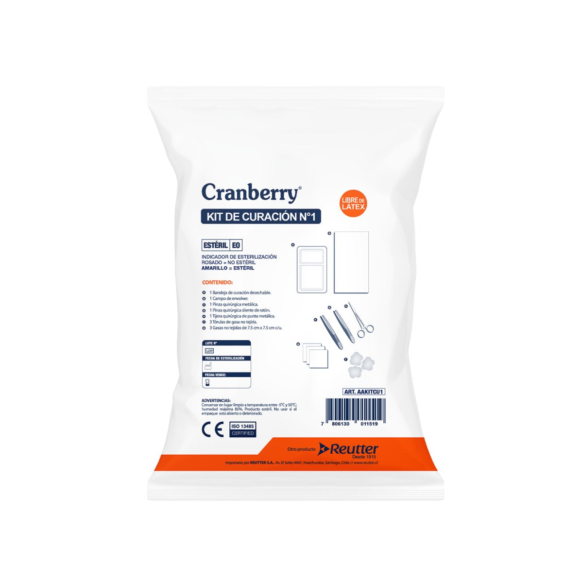Kit de curación estéril desechable Cranberry en su envoltorio individual sellado, con lista de contenido visible e indicación de esterilización.