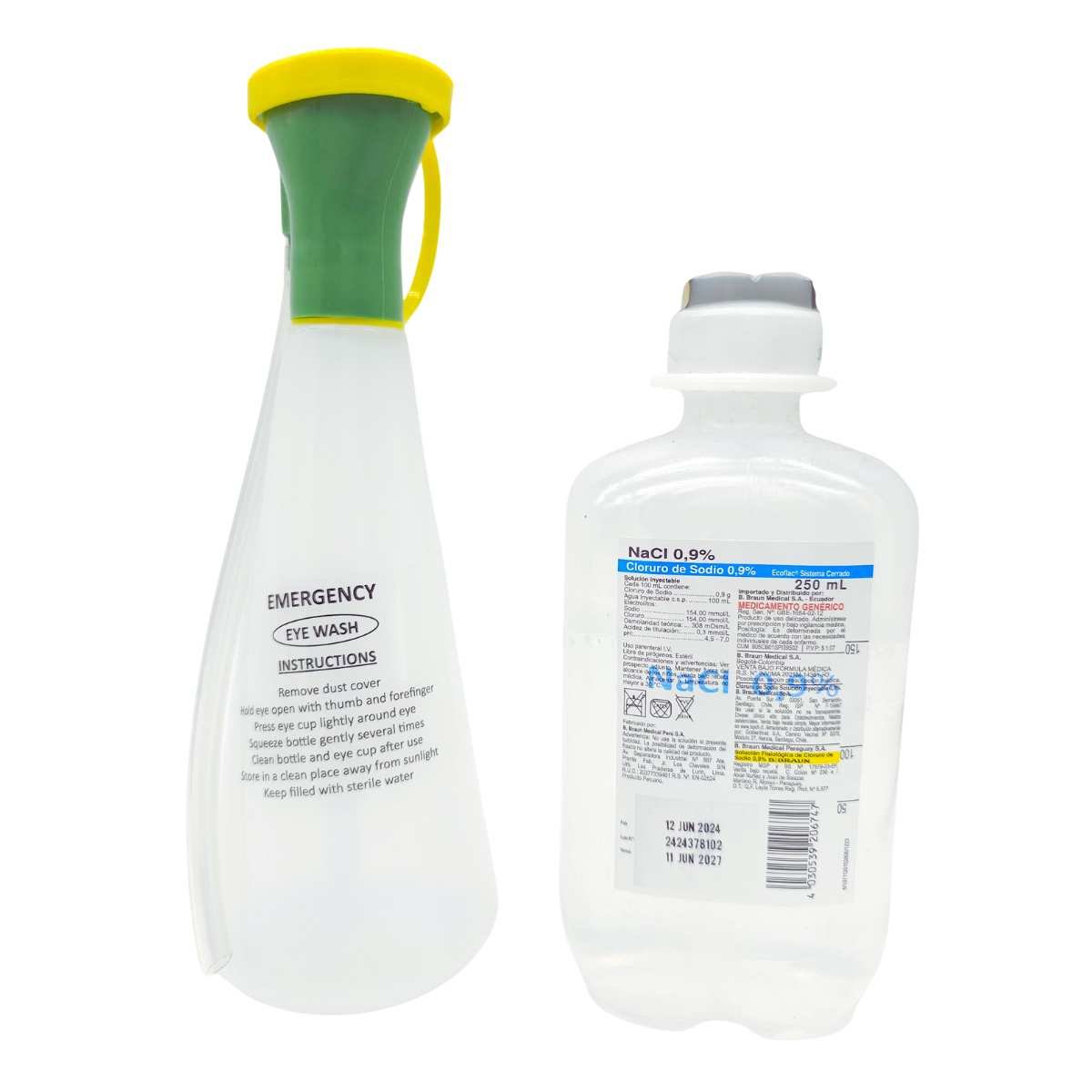 Kit Lavaojos Emergencia Portátil con Solución Salina - Botella 350ml + NaCl 250ml - tubotiquin.cl