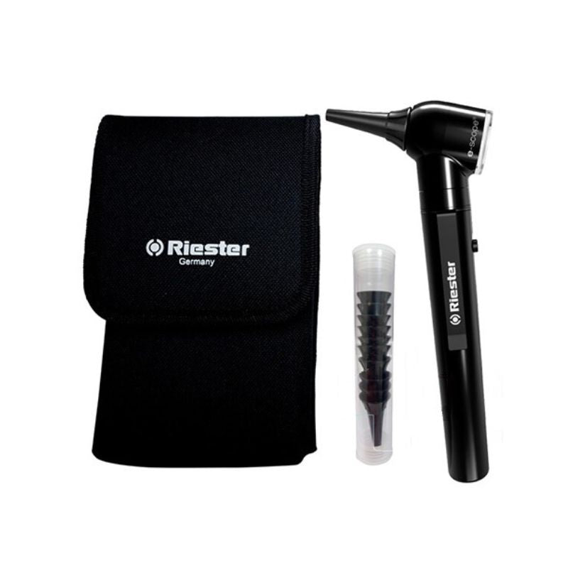 Otoscopio Riester e-scope negro con estuche rígido y espéculos incluidos, uso profesional en Chile.