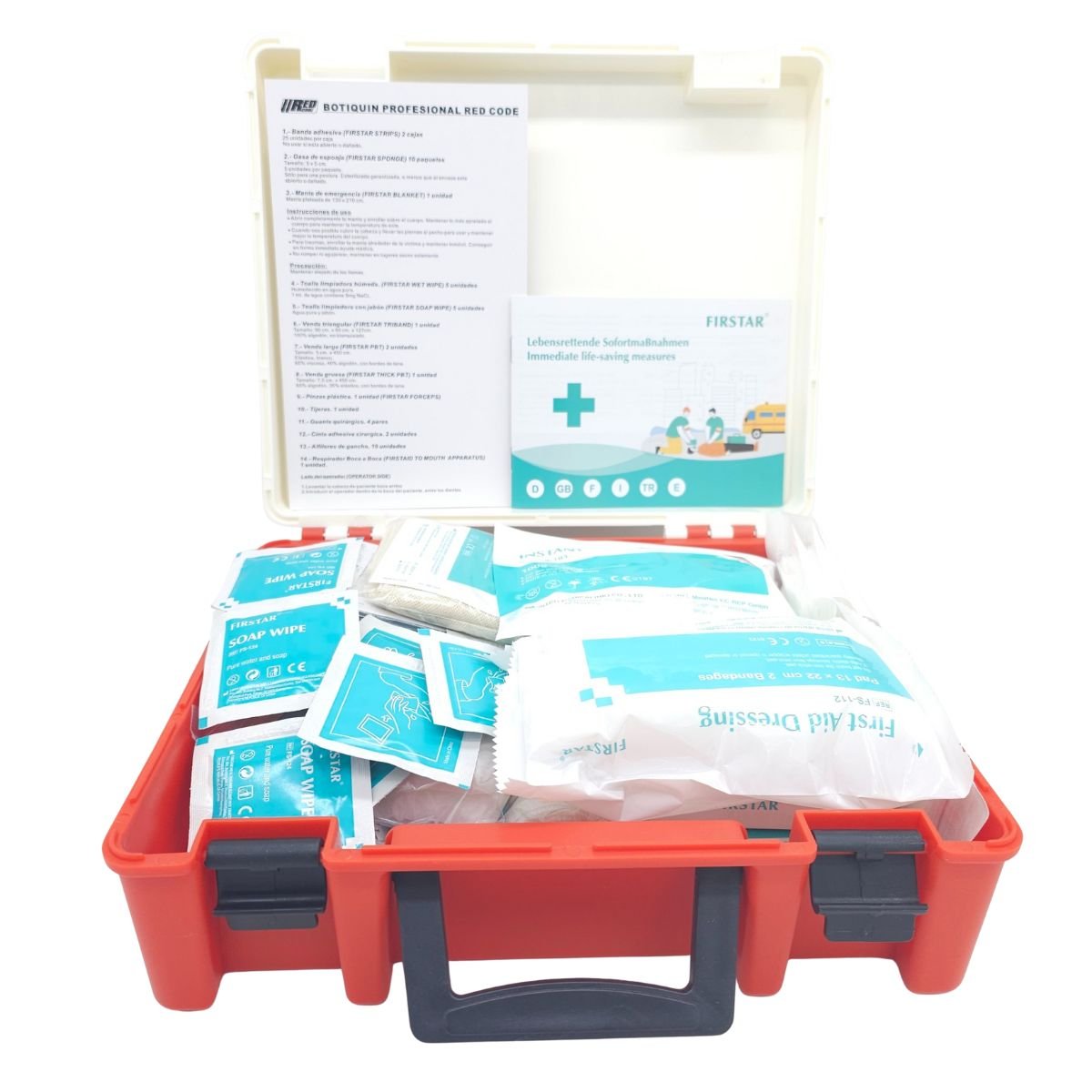 Interior del botiquín de primeros auxilios Red Code con 105 piezas organizadas