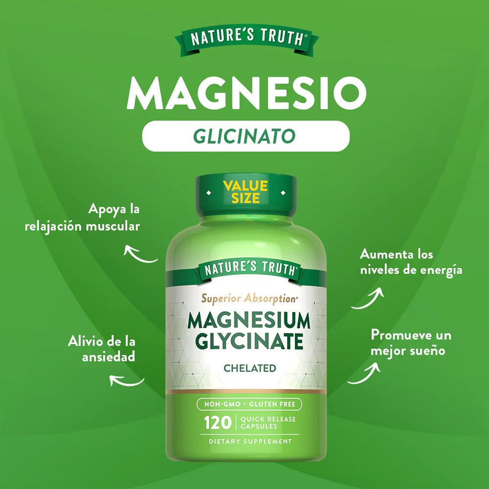 Magnesio Glicinato beneficios - Relajación muscular energía mejor sueño alivio ansiedad Nature's Truth