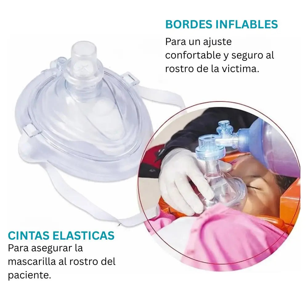Mascarilla de reanimación RCP pocket mask con bordes inflables y cintas elásticas de ajuste