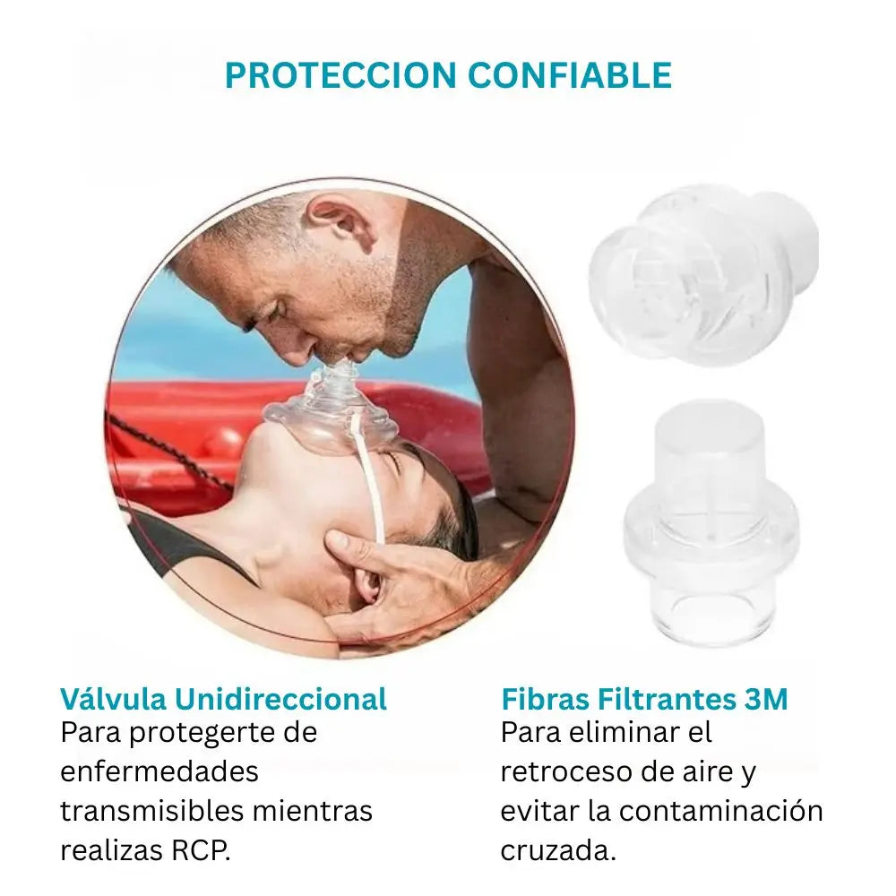 Mascarilla RCP pocket mask con válvula unidireccional y filtro para protección del rescatista