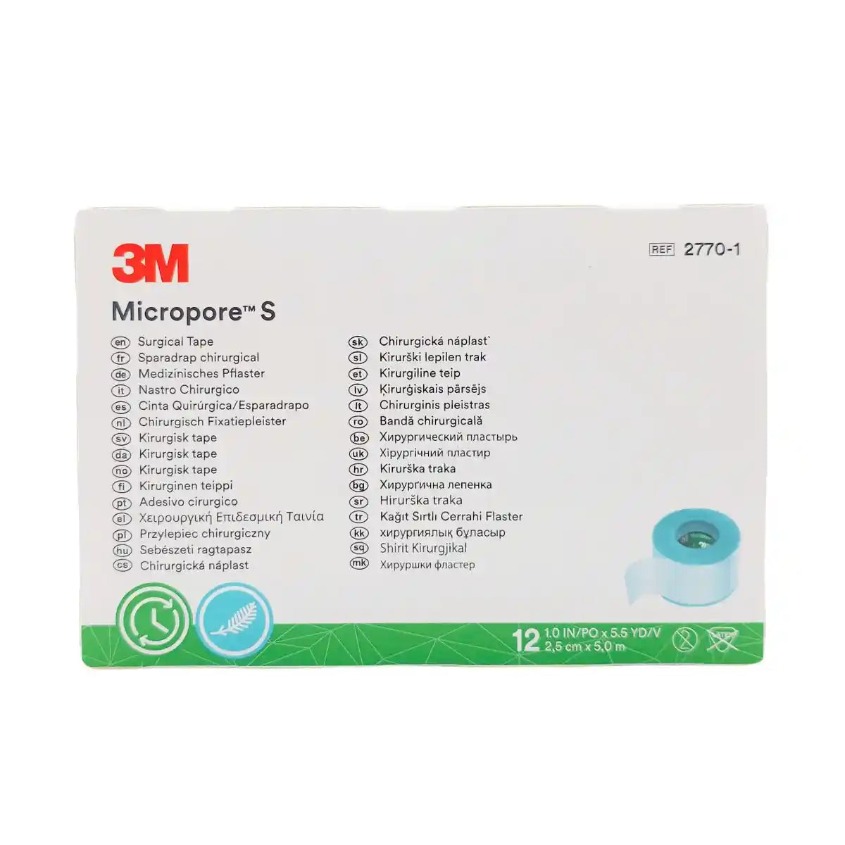 Caja Micropore S 3M 2770-1 × 12 rollos — cinta quirúrgica silicona 2,5 cm × 5 m
