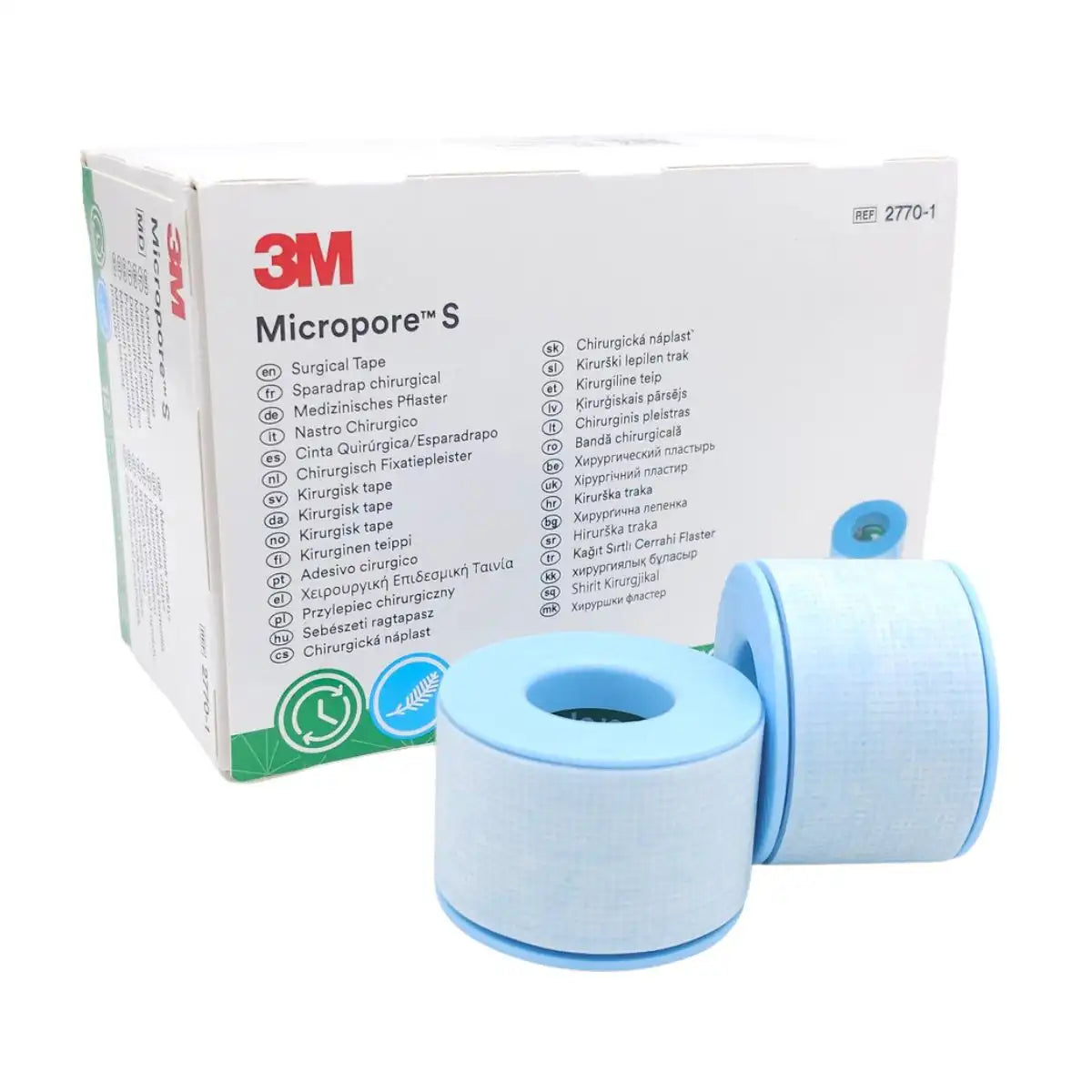 Micropore S 3M 2770-1 cinta silicona piel sensible — caja abierta con rollos 2,5 cm × 5 m