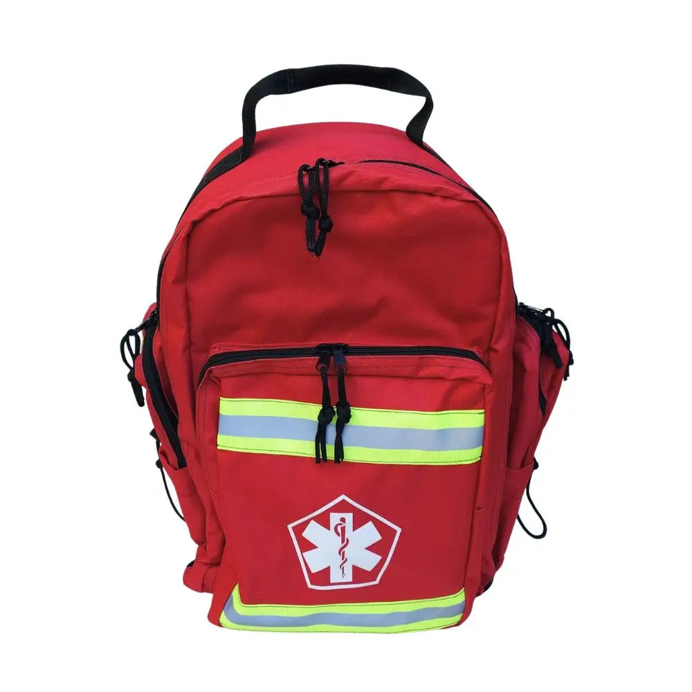 Mochila de rescate médico roja 45L vista frontal con reflectantes