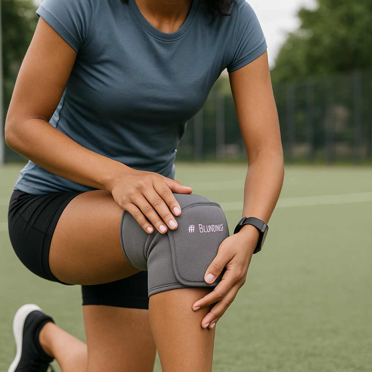 Mujer aplicando terapia frío-calor Blunding en rodilla después del ejercicio