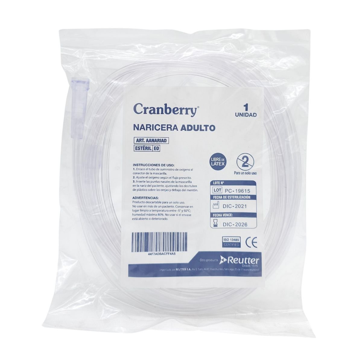 nariceras para oxigeno adulto cranberry esteril certificada ISO 13485 CE libre latex oxigenoterapia