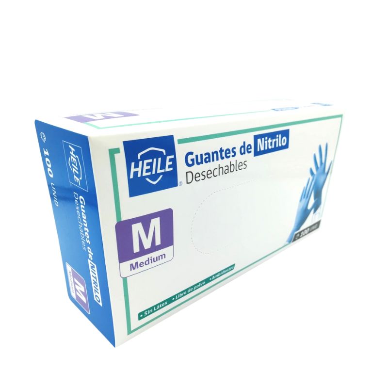 Caja de guantes de nitrilo desechables Heile, talla mediana.