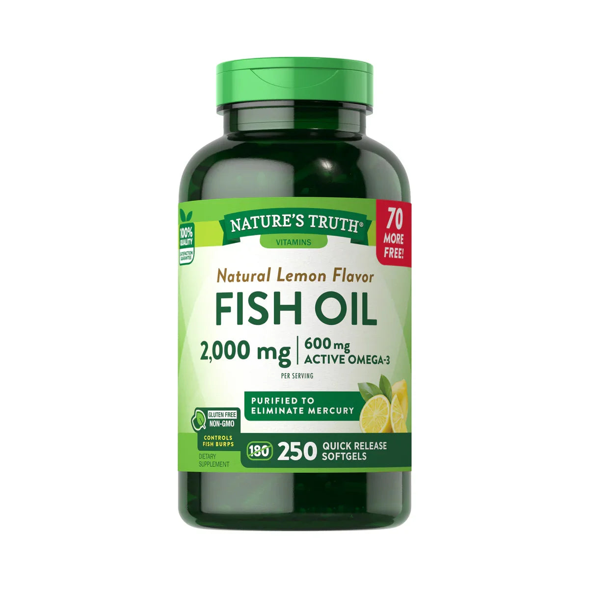 Omega-3 2000mg Nature's Truth 250 cápsulas - Sabor limón 600mg EPA DHA salud cardiovascular