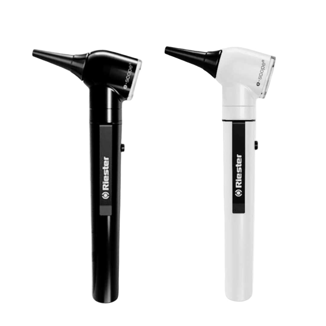 Otoscopios Riester e-scope en colores negro y blanco, versión profesional para diagnóstico médico en Chile.