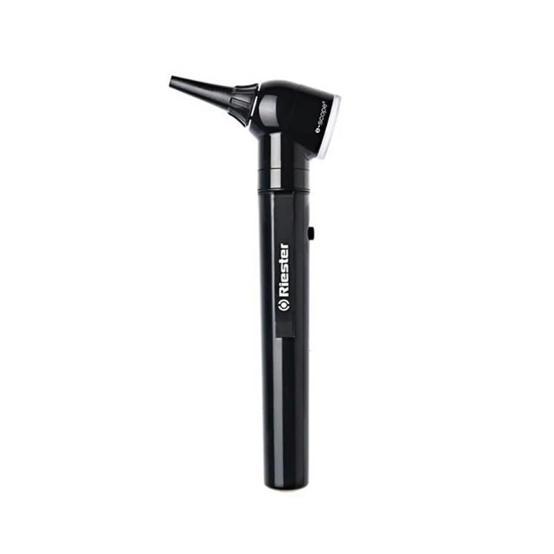 Otoscopio Riester e-scope color negro, equipo médico profesional con óptica de precisión.
