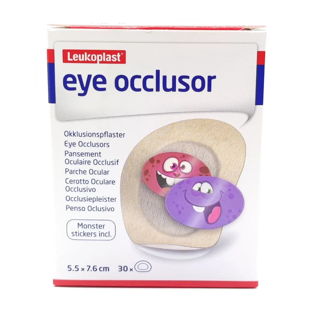 Parche para ojo Leukoplast adulto aplicado — oclusión ocular post-operatorio adhesivo libre látex
