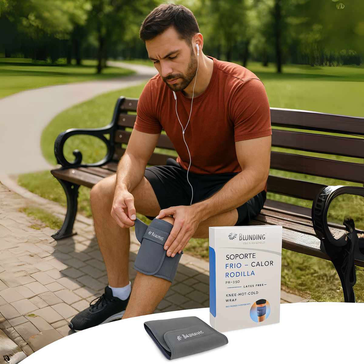 Deportista usando compresa frío-calor Blunding para recuperación de rodilla post-entrenamiento