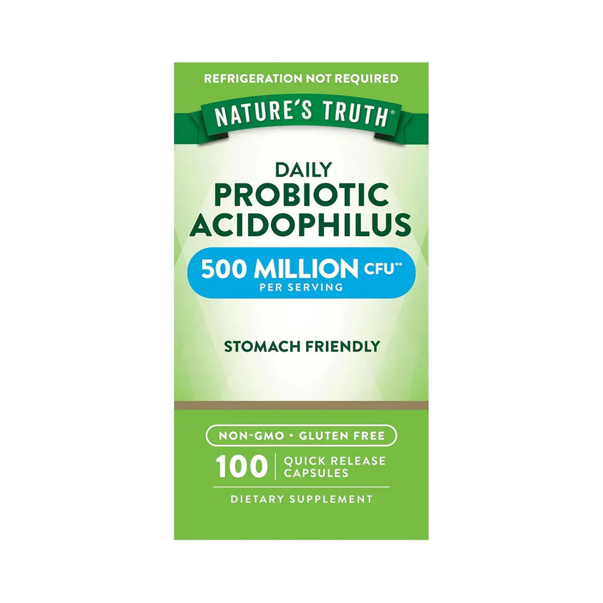 Probióticos Acidophilus 500 millones CFU Nature's Truth - 100 cápsulas Stomach Friendly sin refrigeración Non-GMO Chile