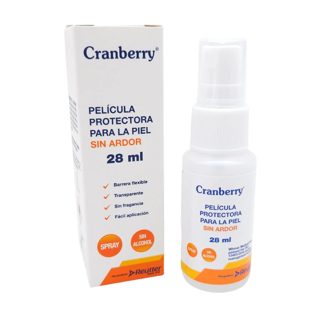 Protector Cutáneo Cranberry 28 mL con su caja, película protectora sin ardor mostrada en ángulo.