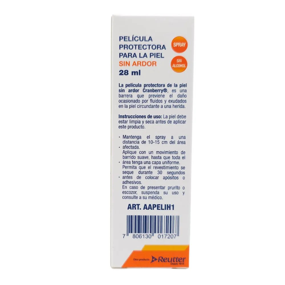 Vista posterior del envase del Protector Cutáneo Cranberry 28 mL con instrucciones de uso, código de barras y advertencias.