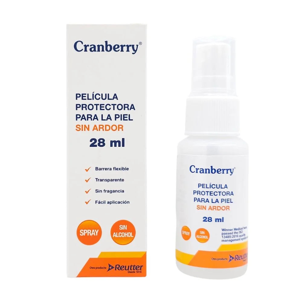Envase y caja del Protector Cutáneo Cranberry 28 mL, película protectora sin ardor para piel sensible.