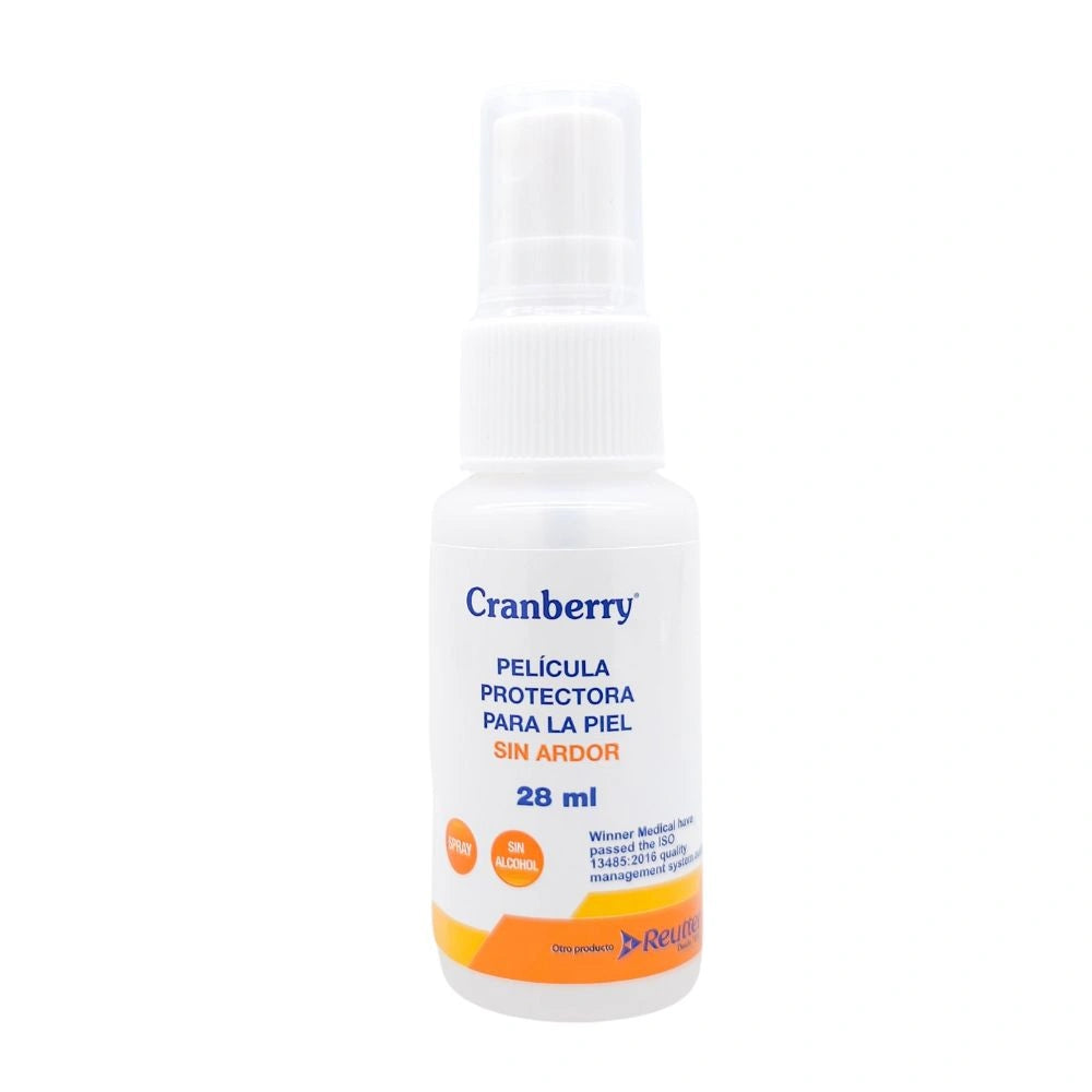 Envase del Protector Cutáneo Cranberry 28 mL en spray, película protectora sin ardor para la piel.
