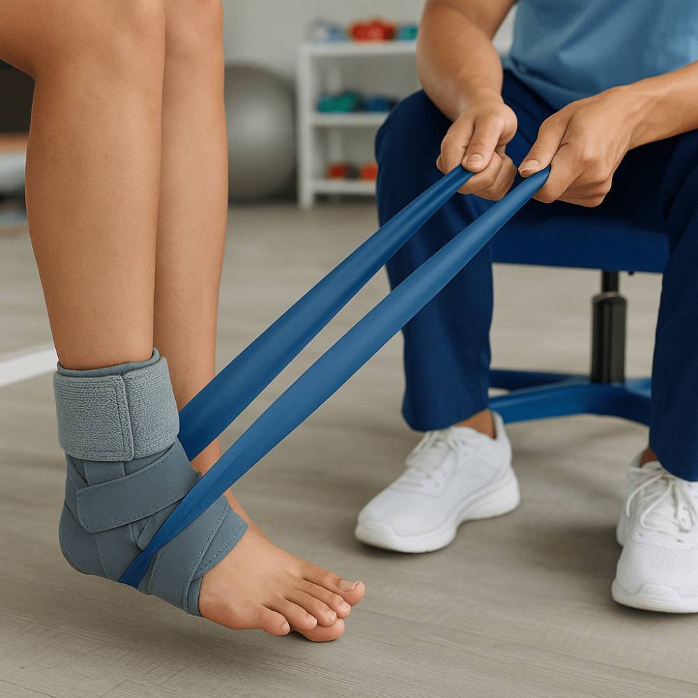 Persona usando tobillera estabilizadora Blunding para recuperación de esguince de tobillo
