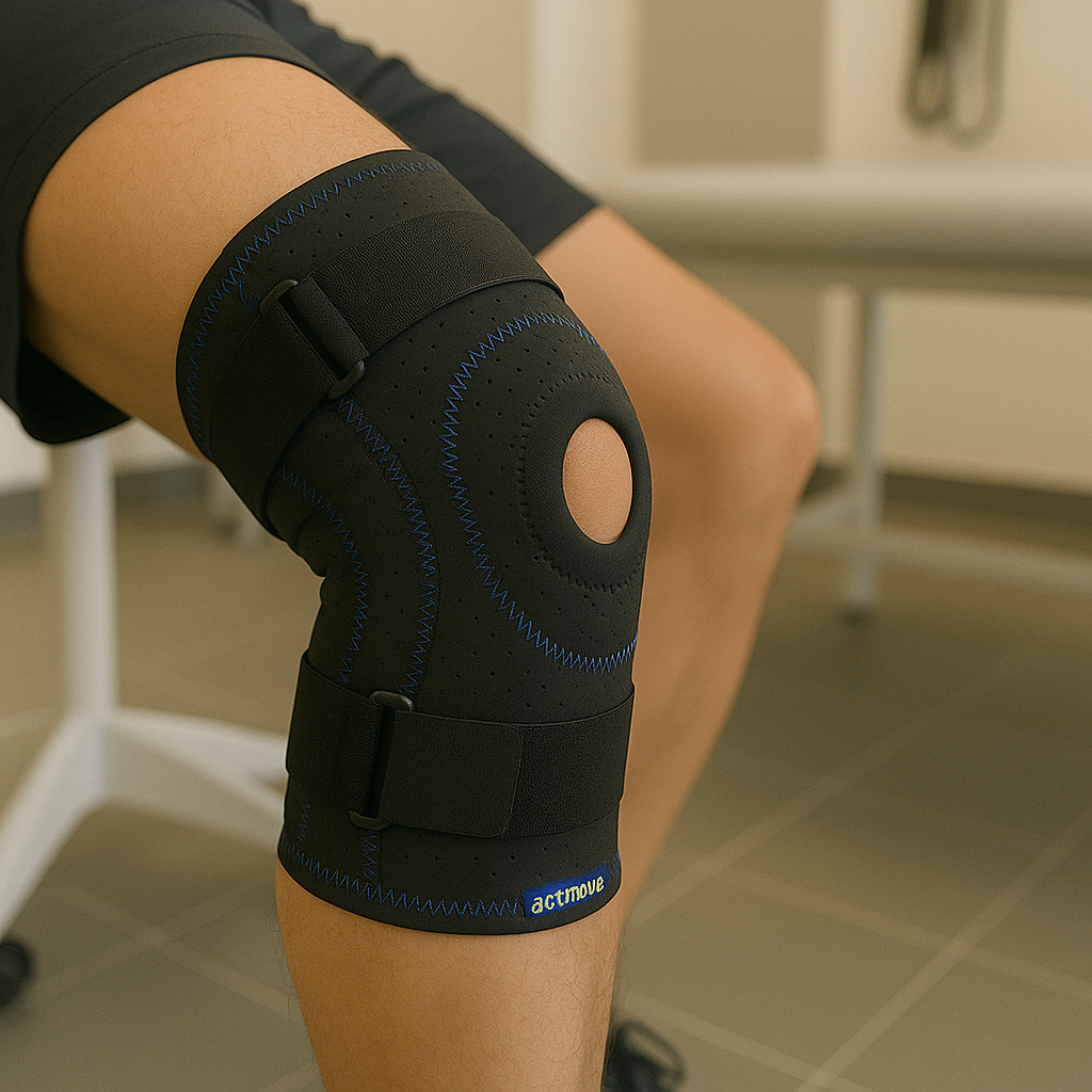 Soporte de rodilla Actimove utilizado para alivio del dolor y soporte durante la actividad física o rehabilitación. Se ajusta con correas de velcro.