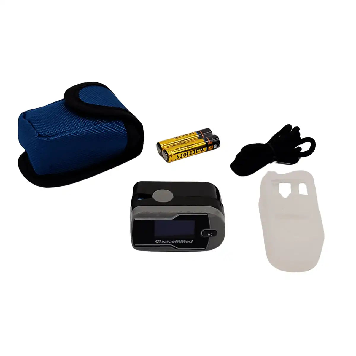 Accesorios del oxímetro ChoiceMMed MD300C21: funda, cordón, pilas AAA y protector de silicona.