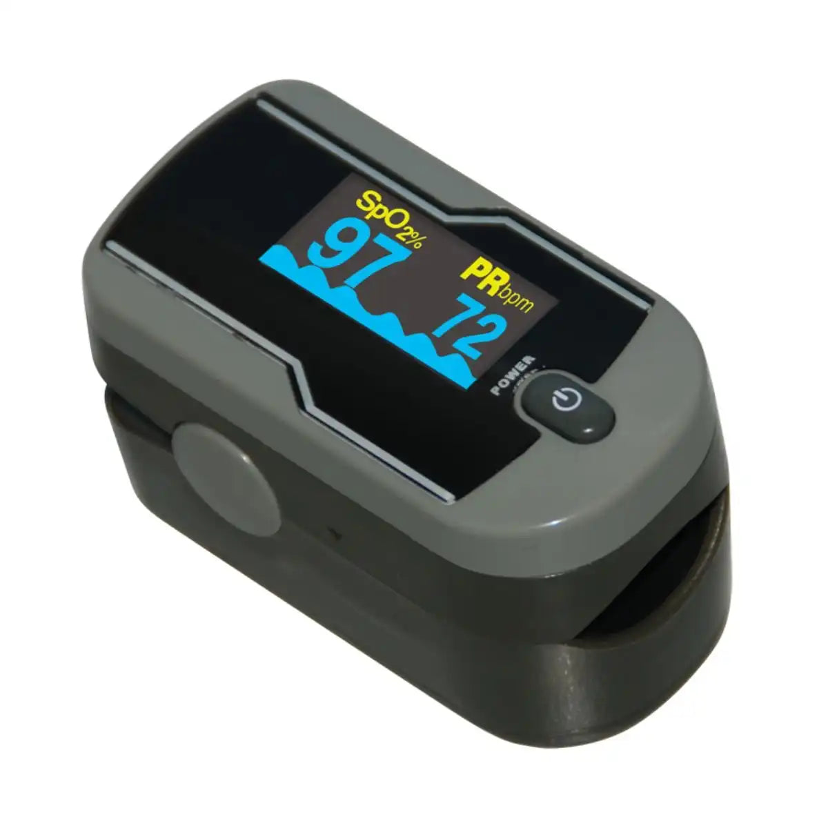 Oxímetro ChoiceMMed MD300C21 mostrando medición de SpO2 en pantalla OLED.