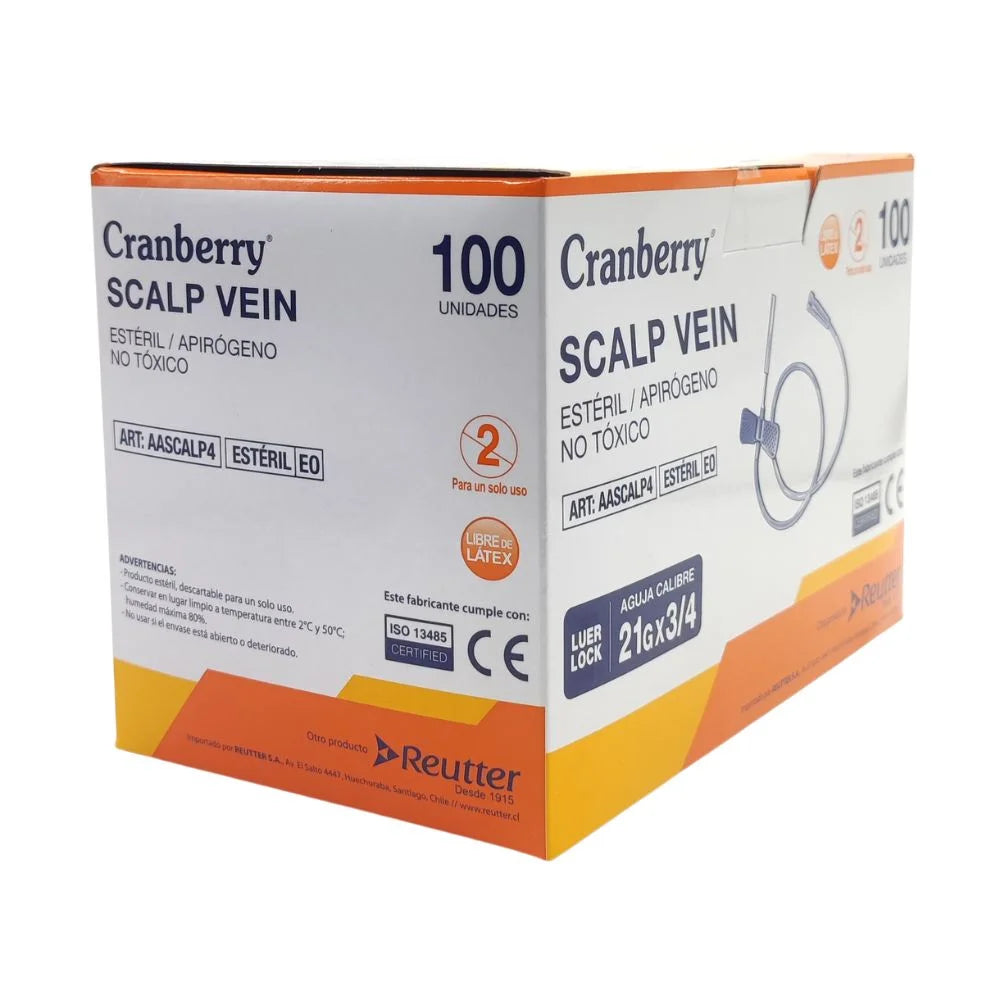 Scalp Vein Cranberry 21G caja de 100 unidades para uso clínico y hospitalario