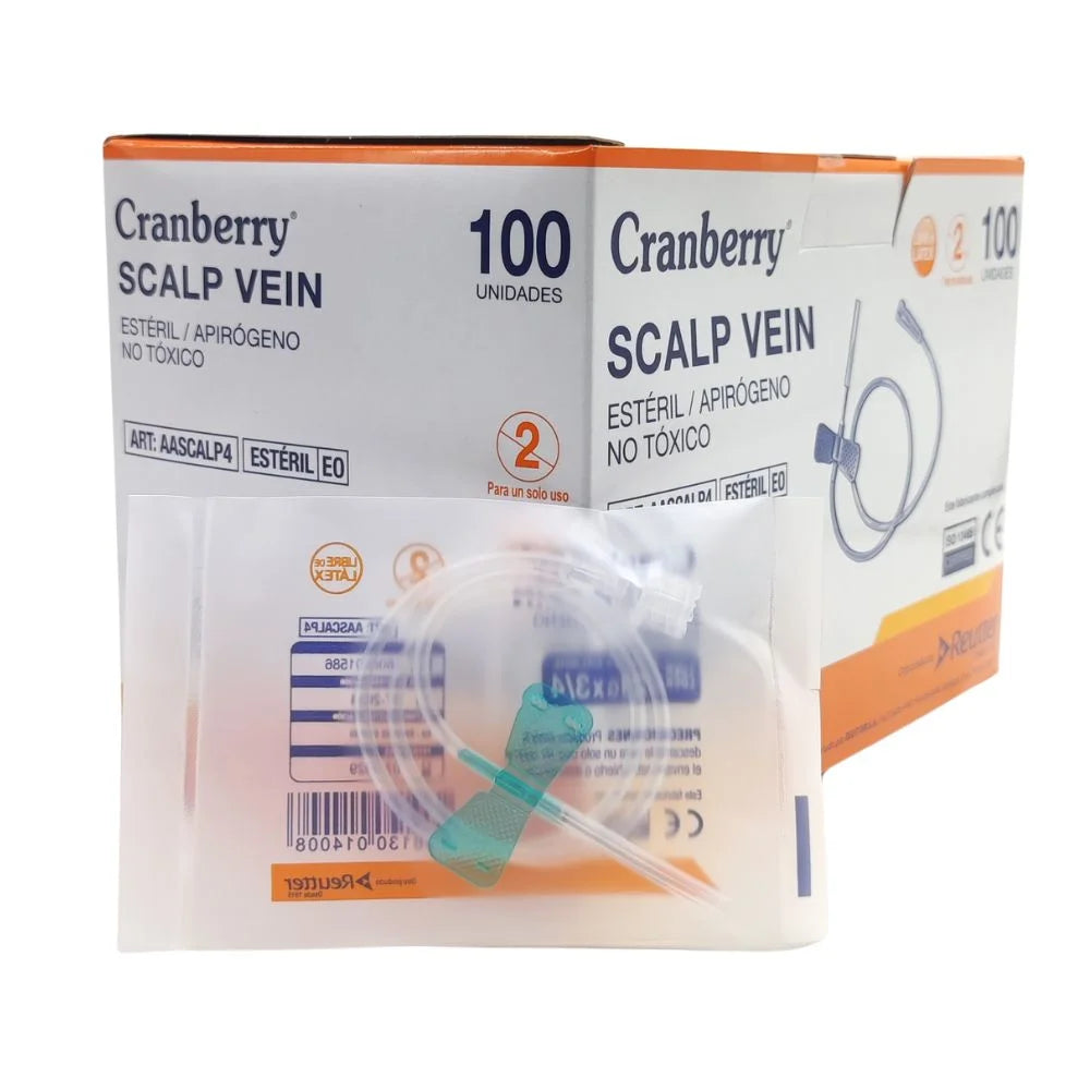 Scalp Vein Cranberry con alas de fijación para acceso venoso periférico