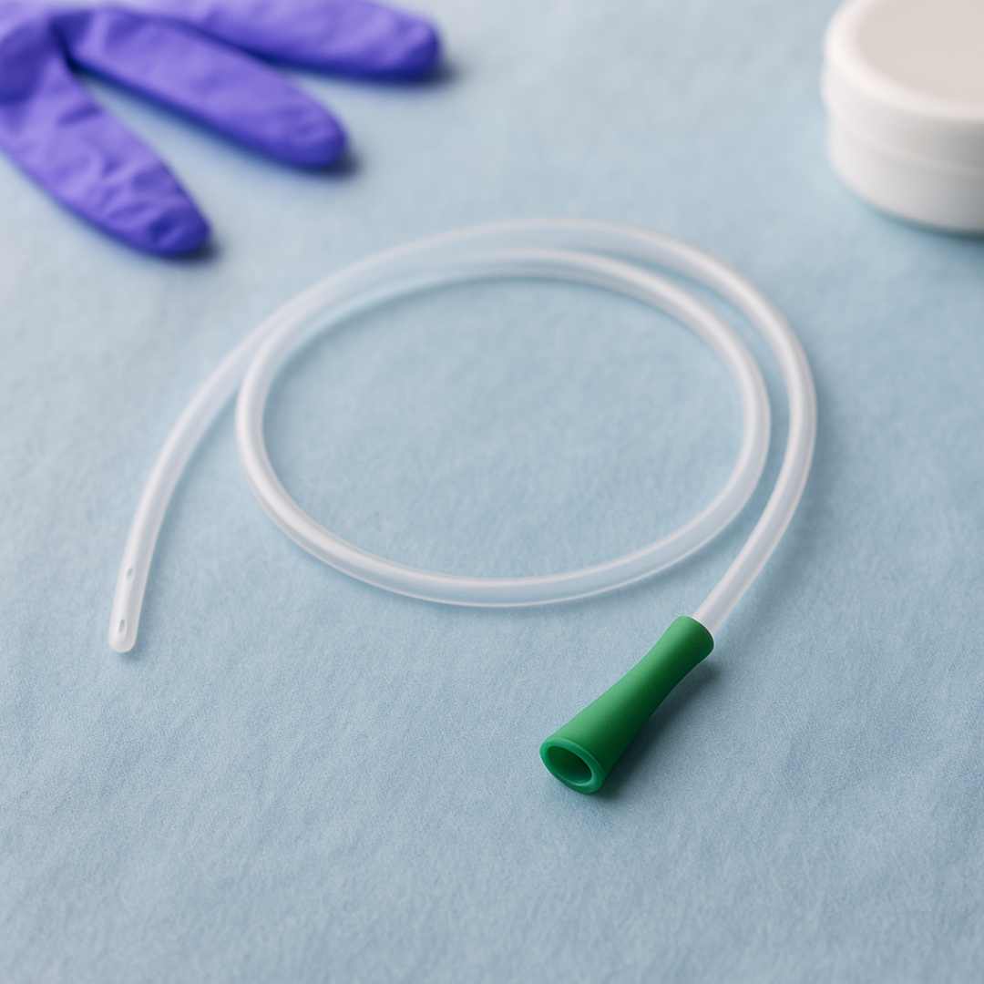 Sonda Nelatón N° 6 FR con punta verde claro, dispuesta sobre paño clínico azul junto a guantes estériles, ideal para cateterismo urinario pediátrico