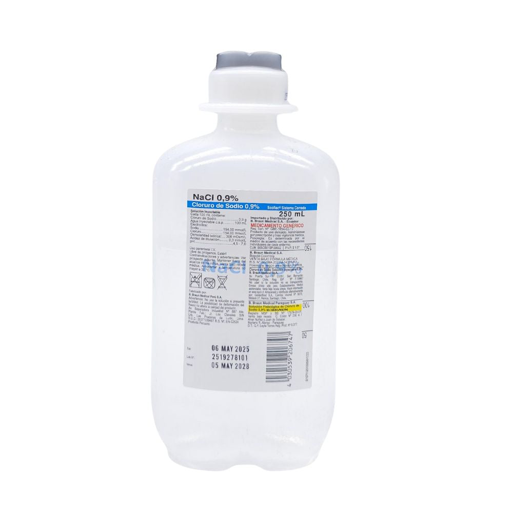 Suero fisiológico 0,9% cloruro de sodio 250 ml, frasco estéril para lavado e higiene en primeros auxilios.