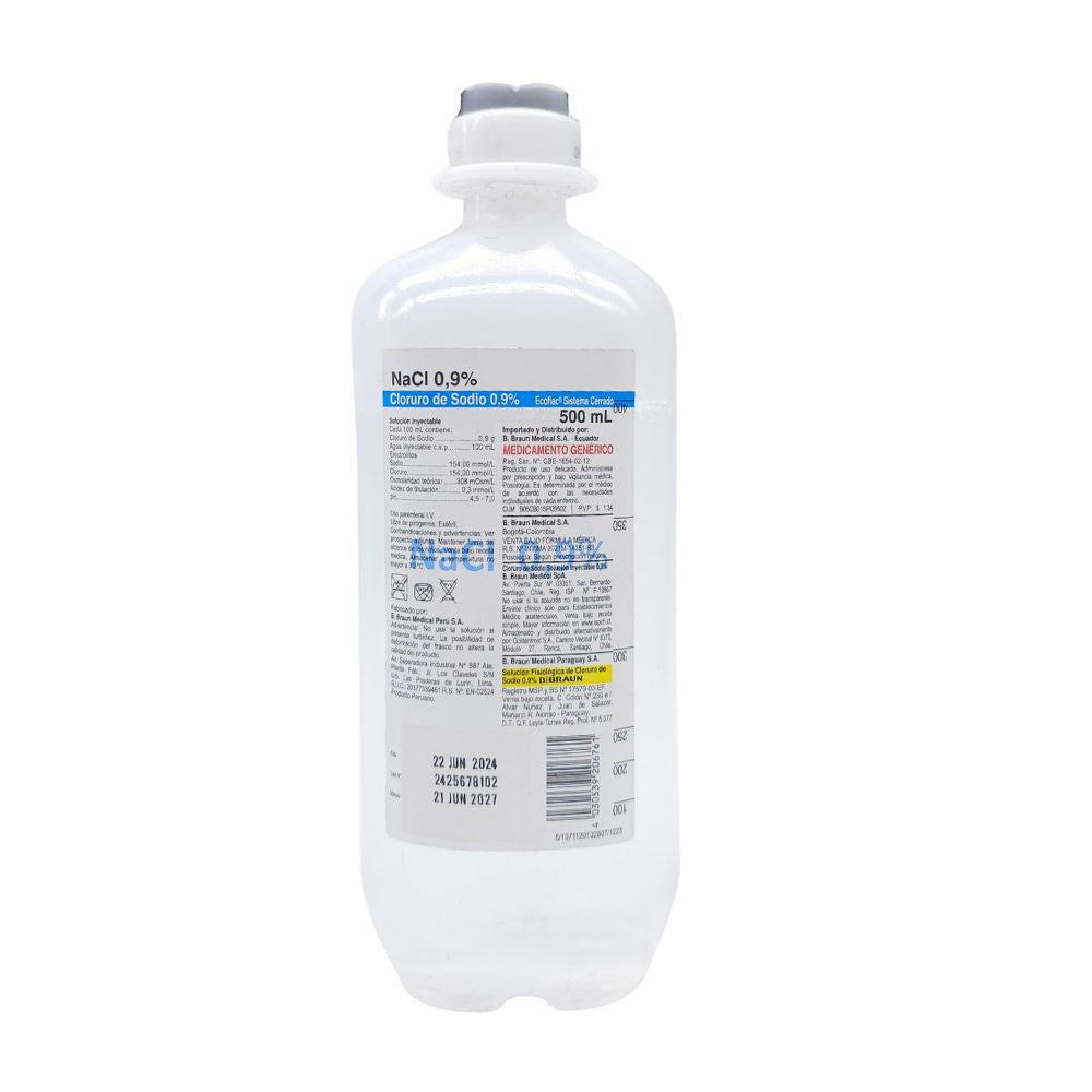 Suero fisiológico 0,9% cloruro de sodio 500 ml, envase estéril para primeros auxilios y cuidado de heridas.
