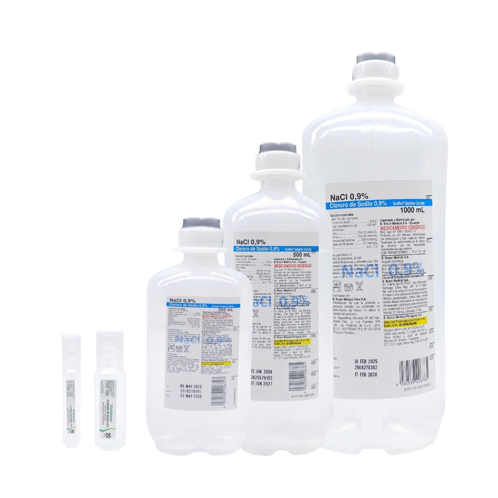 Suero fisiológico 0,9% en formatos 10 ml, 20 ml, 250 ml, 500 ml y 1 litro para primeros auxilios y cuidado de heridas.