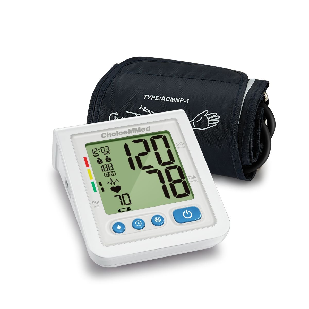 Tensiómetro digital de brazo BP118A ChoiceMMed con brazalete ajustable y pantalla grande.