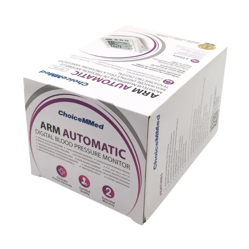 Caja cerrada del tensiómetro digital de brazo BP118A ChoiceMMed, toma presión arterial automática económica